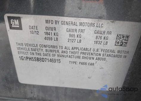 2013 Chevrolet Cruze Eco Auto z USA, uszkodzony, nr VIN 1G1PH5SB8D7146915